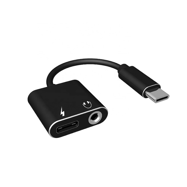 Adaptor 2 in 1 USB-C tata la USB-C mama , Audio 3.5mm jack mama, Negru, YULMI