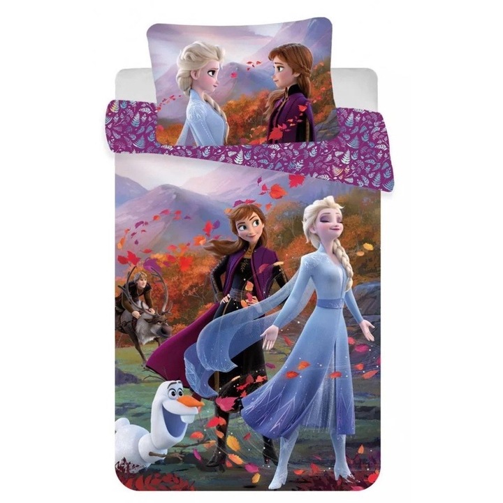Set lenjerie pat copii, reversibila, 100% bumbac, multicolor, 2 piese, 100×135 cm, 40×60, Wind, Frozen