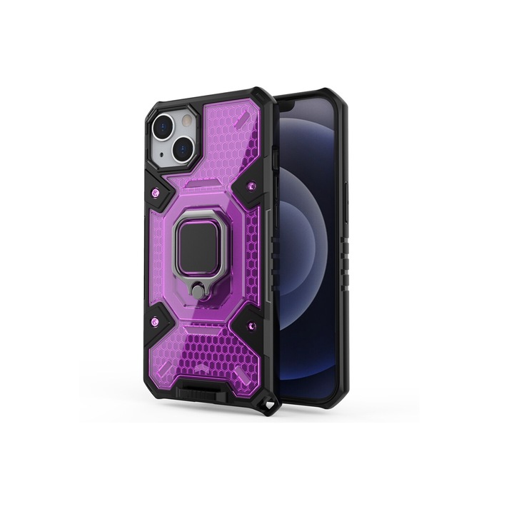 Husa de protectie Honeycomb Armor pentru iPhone 13 Pro Max, inel metalic, magnet auto, Negru Violet