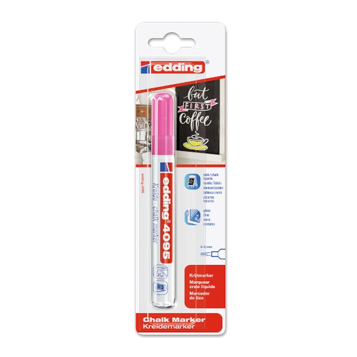 Marker creta lichida, Edding, 4095 pentru sticla , varf 2-3 mm, roz, blister
