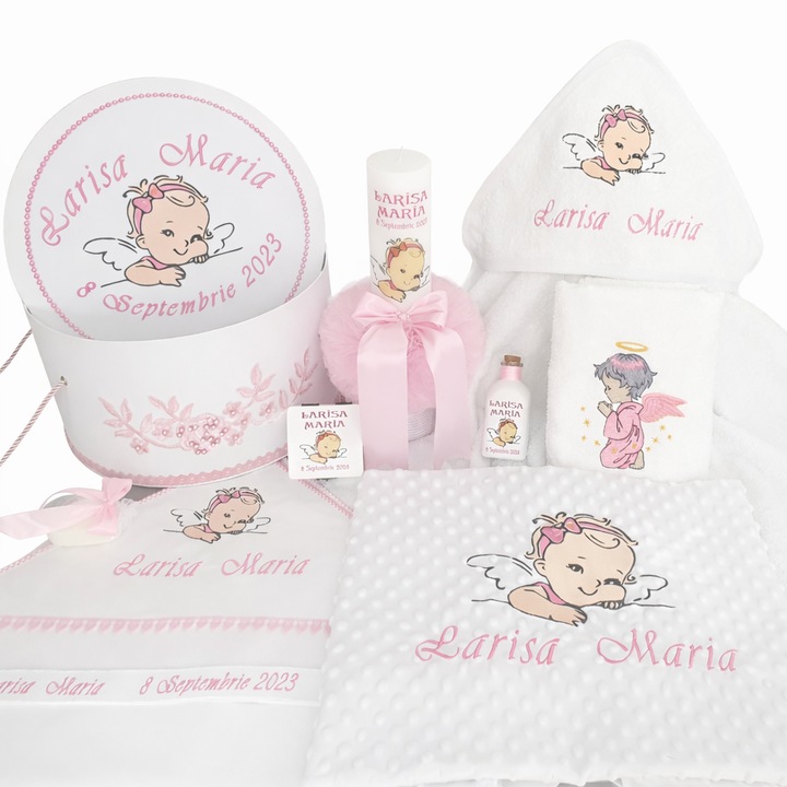 Trusou botez personalizat pentru fete Baby Angel cu Lumanare si Cutie Trusou
