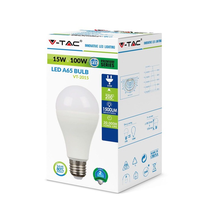 Крушка V-TAC LED, 15W, E27, A65, 6400K студено бяла светлина