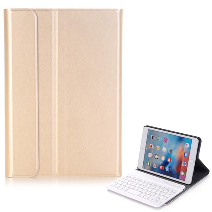 Gigapack Apple iPad mini Tok, Álló, Bőr Hatású, Flip, Kivehető Bluetooth Billentyűzet, Asztali Tartó Funkció, Qwerty, Angol Nyelvű, Arany