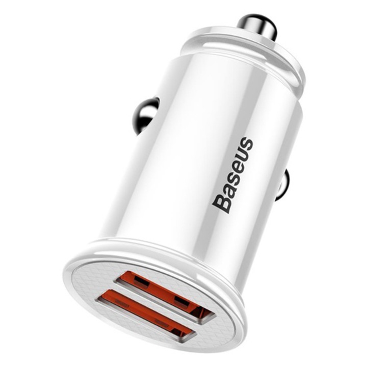 Baseus Autós Töltő 2 X Usb Aljzat, 4.5V / 5000Ma, 30W, Qc 3.0, Pd Gyorstöltés Támogatás, Fehér