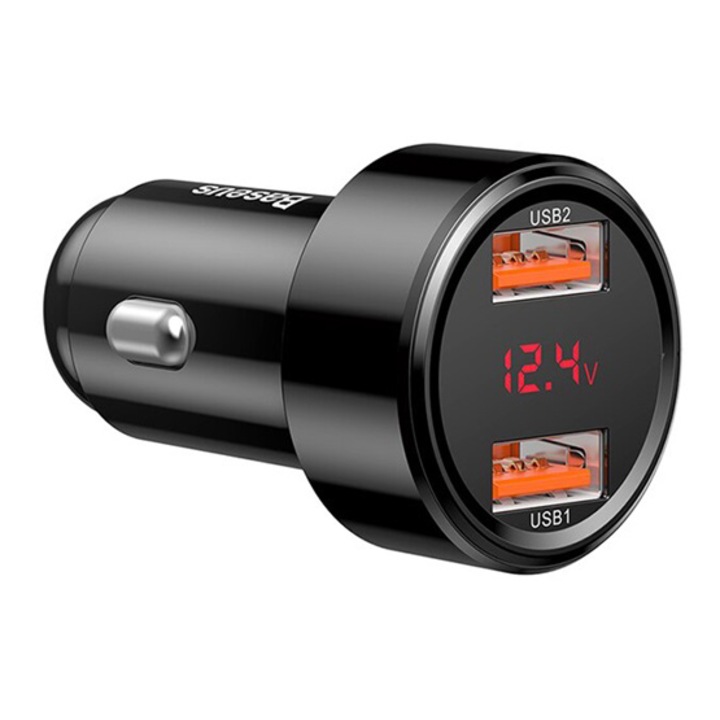 Baseus Magic Autós Töltő 2 X Usb Aljzat, 5V / 3000Ma, 45W, Led Kijelző, Gyorstöltés, Fekete