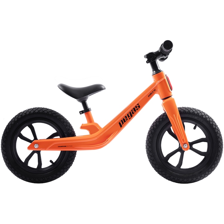 Bicicleta copii Pegas Micro fara pedale, magneziu cu kit de schi inclus, roti 12 inch, Portocaliu /Negru
