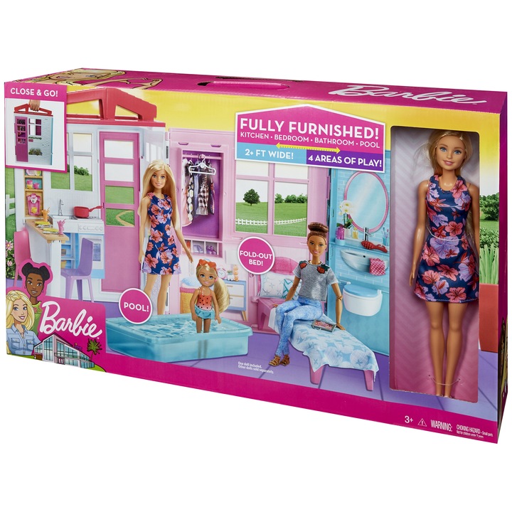 Barbie játékkészlet, Close & Go ház, babával