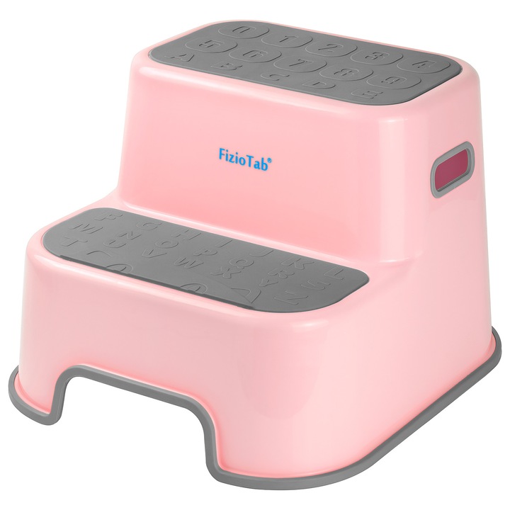 Scaunel Inaltator WC in Doua Trepte FizioTab®, Suprafata Antialunecare, Taburet Inaltator Chiuveta Copii, Roz/Gri
