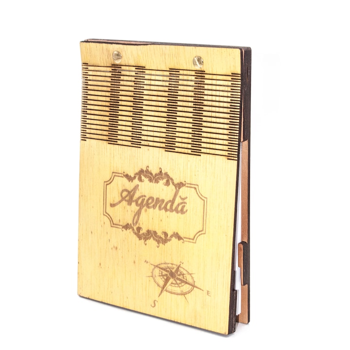 Agenda A5 din lemn personalizata, 220x160 mm, culoarea maro cu galben