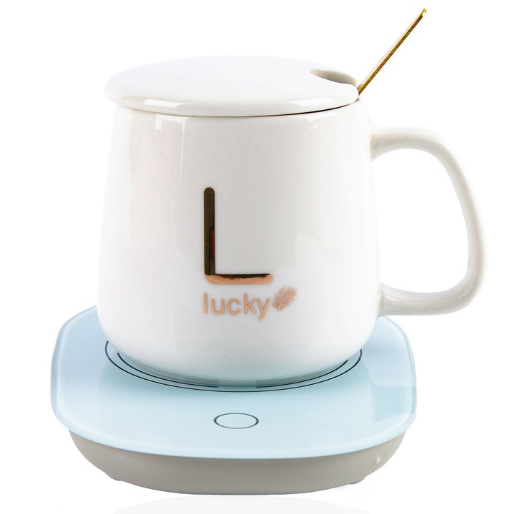 Set cana ceramica, cu incalzire, USB, scris auriu Lucky, 350 ml, alba