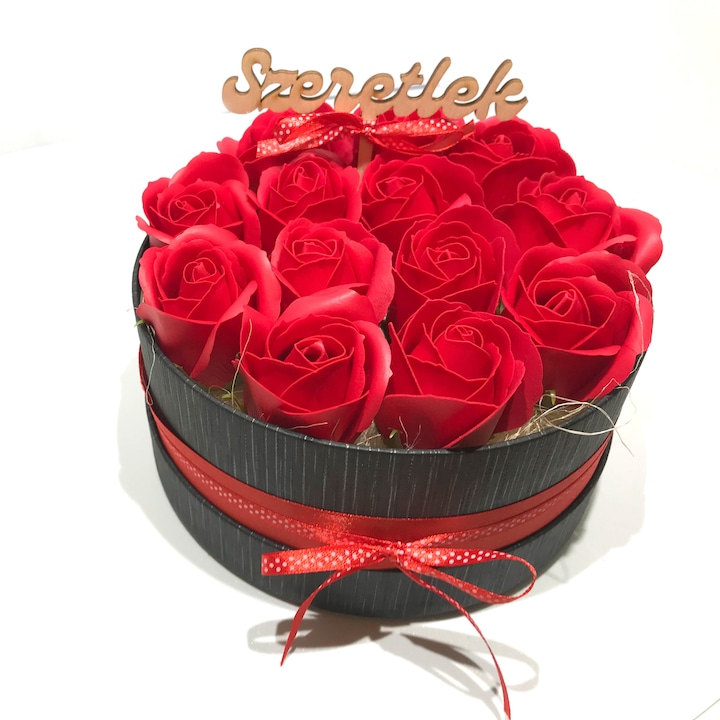 Cutie cu trandafiri din sapun, Praktikusajandekok, 15x6 cm, 9 fire, Rosu/Negru