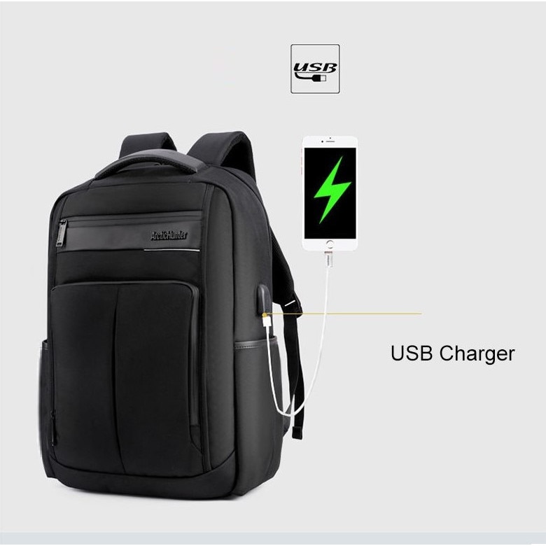 Rucsac laptop 15.6", impermeabil, cu port incarcare USB, Arctic Hunter, 47x35x17 cm, Negru