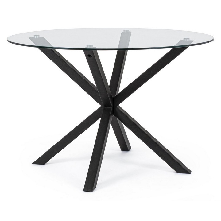 Masa rotunda cu picioare din fier negru si blat sticla May 114x76 cm