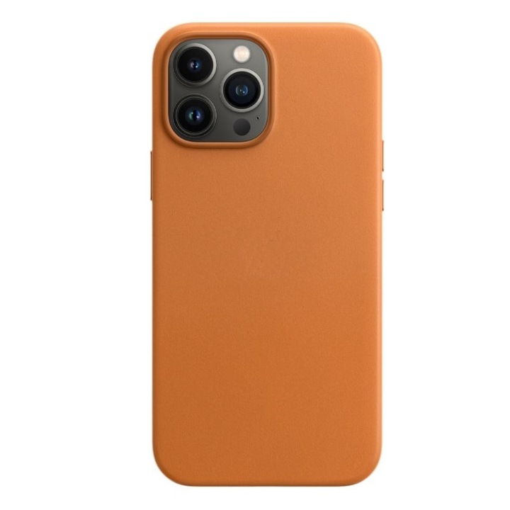 Кожен калъф RiKbo® с MagSafe за iPhone 13 Pro Max, микрофибърна вътрешна част, златисто кафяв