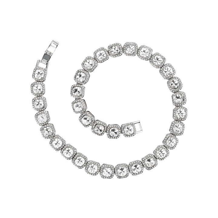 Colier Cuban Diamond unisex pietre zirconiu, model tennis, placat cu aur 18K, Tessero, argintiu