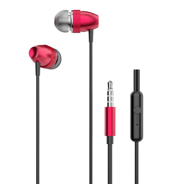 Слушалки In-ear с микрофон, жак 3,5 мм, дълбок бас, червени, HUR-BBL6419