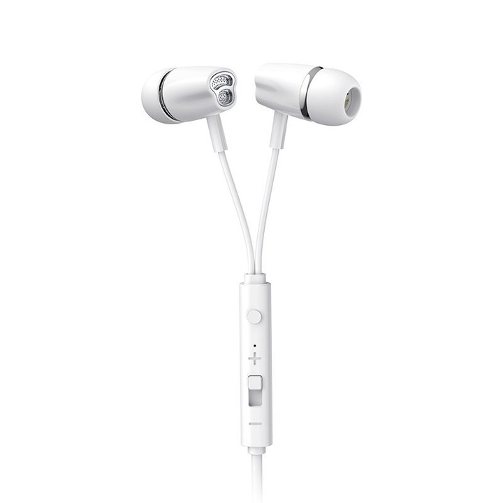 Casti audio, Joyroom, JR-EL114, Alb, In-Ear, Conector mini jack 3,5 mm, Microfon incorporat, Telecomanda, Cablu 1,2 m
