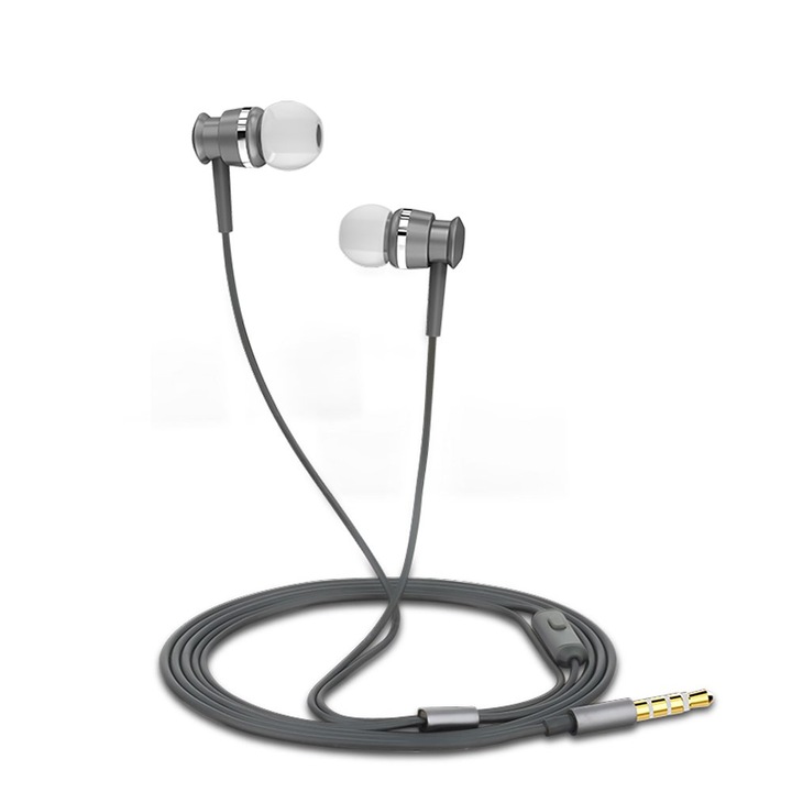 Casti audio, Joyroom, JR-EL122, Gri, In-Ear, Conector mini jack 3,5 mm, Microfon incorporat, Telecomanda