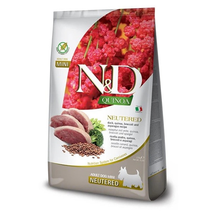 Hrana uscata pentru caini de talie mica, dupa castrare, FARMINA N&D Quinoa, cu rata, broccoli 2,5 kg