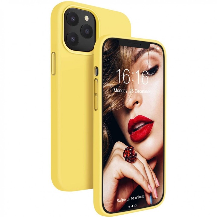 Husa de protectie Luxury Silicone pentru Apple iPhone 13, catifea in interior, galben