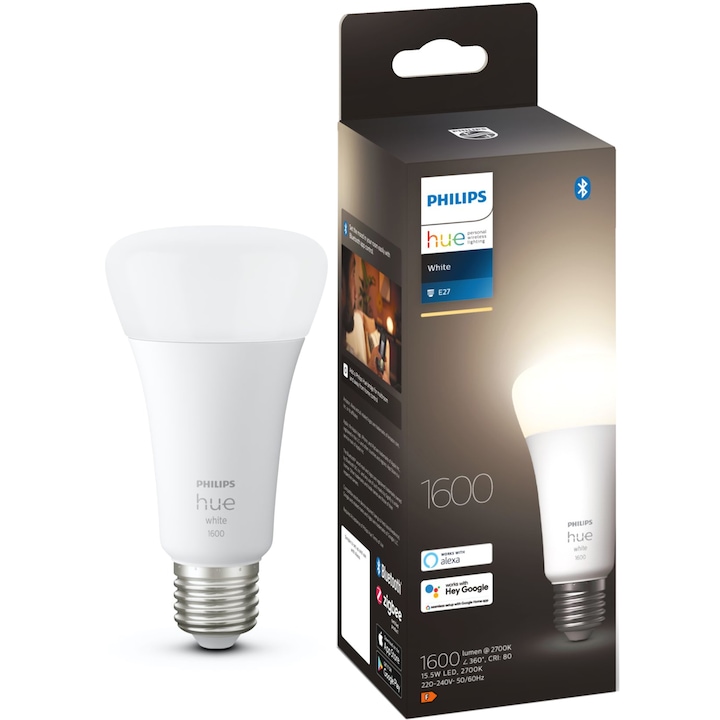Bec LED inteligent Philips Hue, Bluetooth, E27, 15.5W (100W), 1600 lm, lumina calda (2700K), clasa energetica F