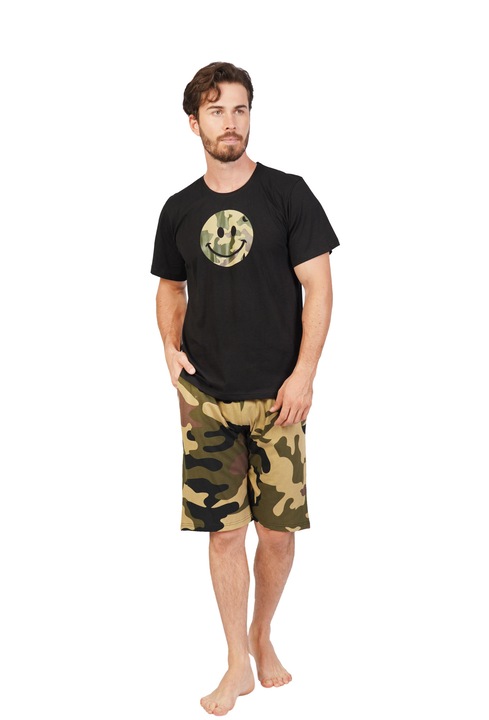Pijama bermuda barbati Gazzaz by Vienetta, model Love Peace, negru/camuflaj