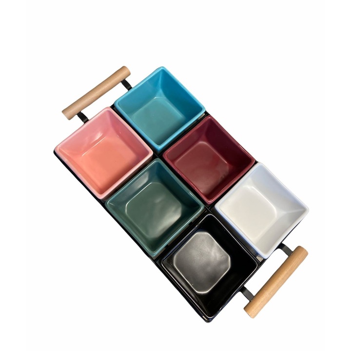 Set aperitive, ceramica, 6 boluri, 1 suport din metal cu maner de lemn, multicolor, 33x18x7cm