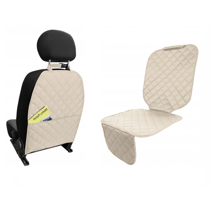 Комплект 2 калъфа METRU PATRAT, Автомобилни, Универсални, Калъф за облегалка на предна седалка с органайзер/Калъф за детско столче, Крем