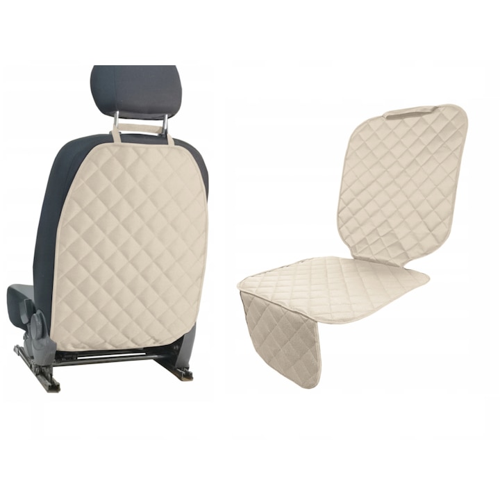 Set 2 huse de protectie scaune auto, universale - protectie spatar scaun fata matlasata si protectie matlasata pentru scaun auto, scoica bebe, crem, Metru Patrat