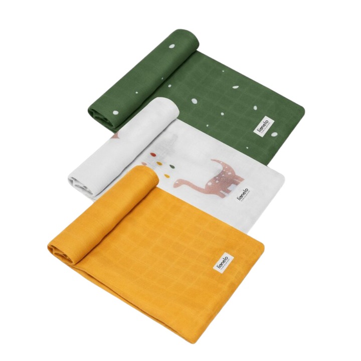 Set 3 scutece, Lionelo, multifunctionale Dino, Din Bambus, 70x70 cm, Multicolor