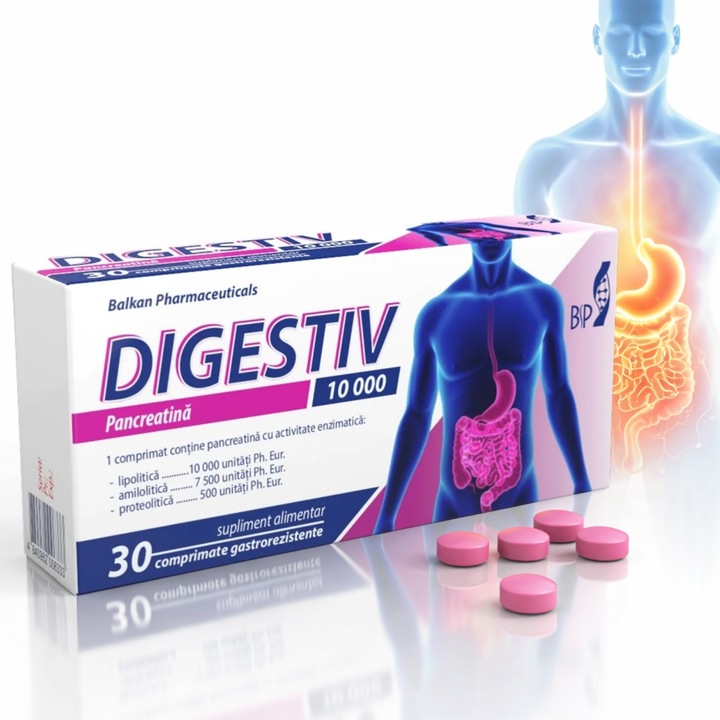 Supliment Alimentar Digestiv, 10 000 U, Pancreatina, Balkan Pharmaceuticals®, Formula gastro-rezistenta, sustine sistemul imunitar, Ajuta la digestia completa, reduce balonarea, sustine detoxifierea naturala, perfect pentru Exces alimentar, 30 tablete