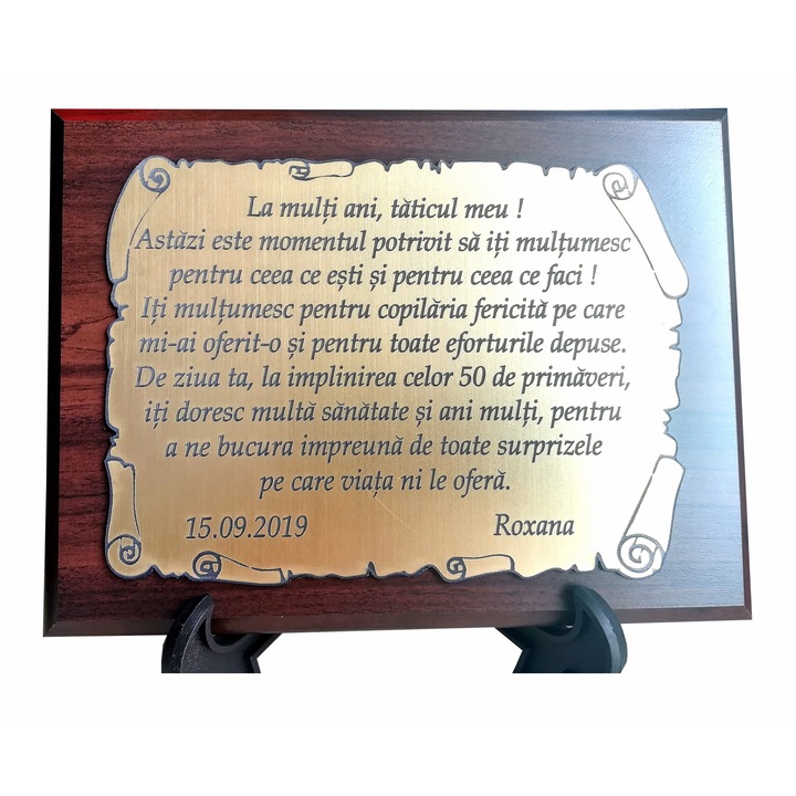 Cadou pentru Tata - placheta lemn personalizata cu text, maro/auriu, 20x15 cm