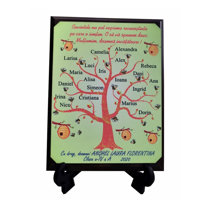 Cadou pentru Invatatoare - placheta lemn personalizata model albinute, maro/multicolor, 20x15 cm