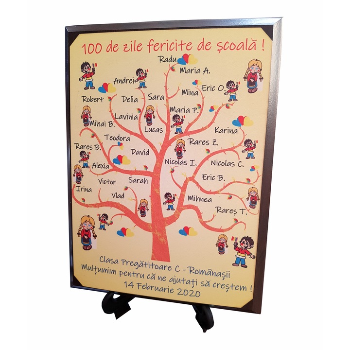 Cadou pentru Invatatoare - placheta lemn personalizata model romanasi, maro/multicolor, 20x15 cm