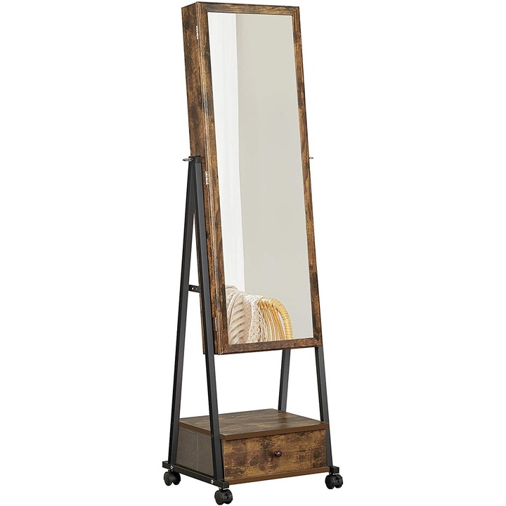 Ékszerszekrény/rendező tükörrel, Songmics, 41,5 x 37 x 152,5 cm, MDF/acél, rusztikus barna