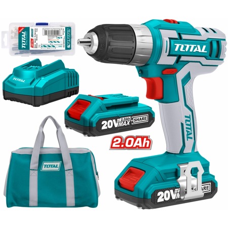 Masina de gaurit cu 2 acumulatori TOTAL TDLI2002E 20V-2.0Ah, 1500RPM, cu set 47 accesorii
