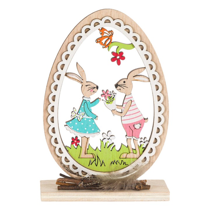 Decoratiune de paste din lemn pentru decoratea mesei in forma de ou cu iepuras, Multicolor, 9x4x14 cm