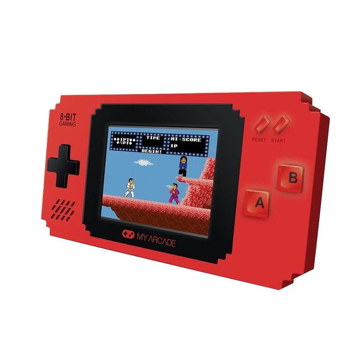 MyArcade преносима конзола за ретро игри, Pixel Player, пълноцветен, 300 игри, 2,75" цветен дисплей, компактен дизайн, вграден високоговорител, 3,5 mm жак порт, червен