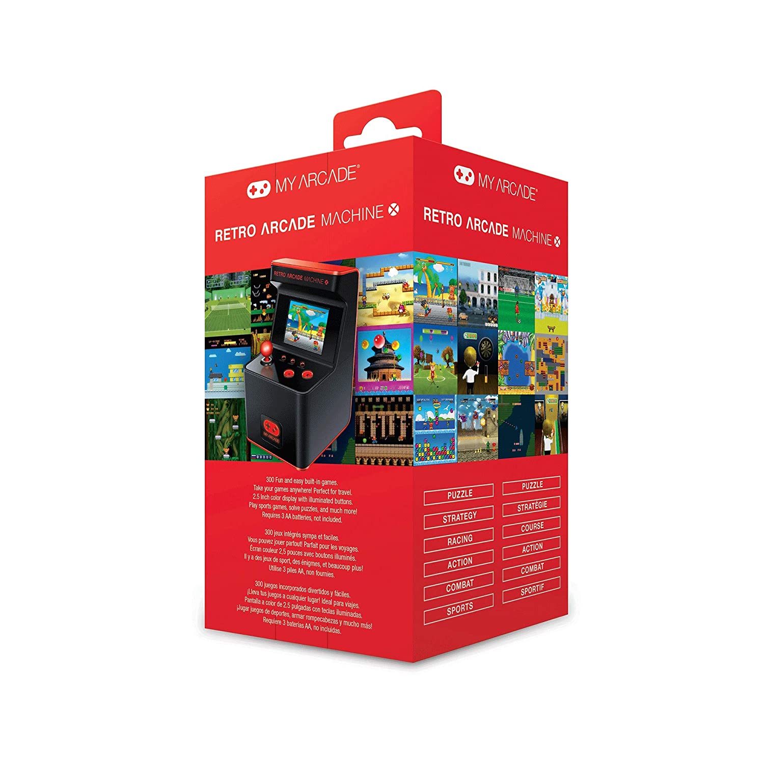 Mini-consola jocuri MyArcade, Retro Arcade Machine X, 300 de jocuri, complet redabila, de colectie, display color 2.5”, difuzor integrat, port jack 3.5 mm, inaltime 17 cm, negru/rosu