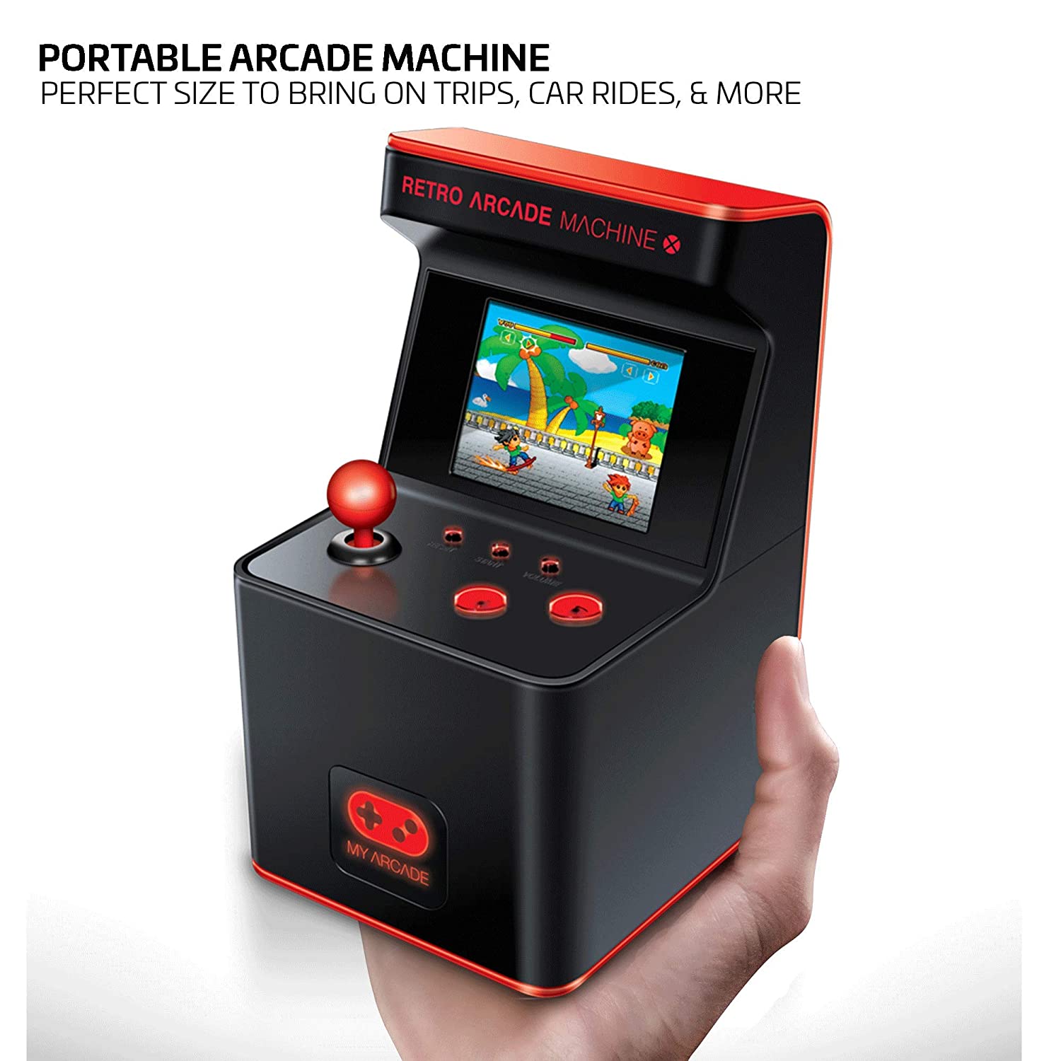 Mini-consola jocuri MyArcade, Retro Arcade Machine X, 300 de jocuri, complet redabila, de colectie, display color 2.5”, difuzor integrat, port jack 3.5 mm, inaltime 17 cm, negru/rosu