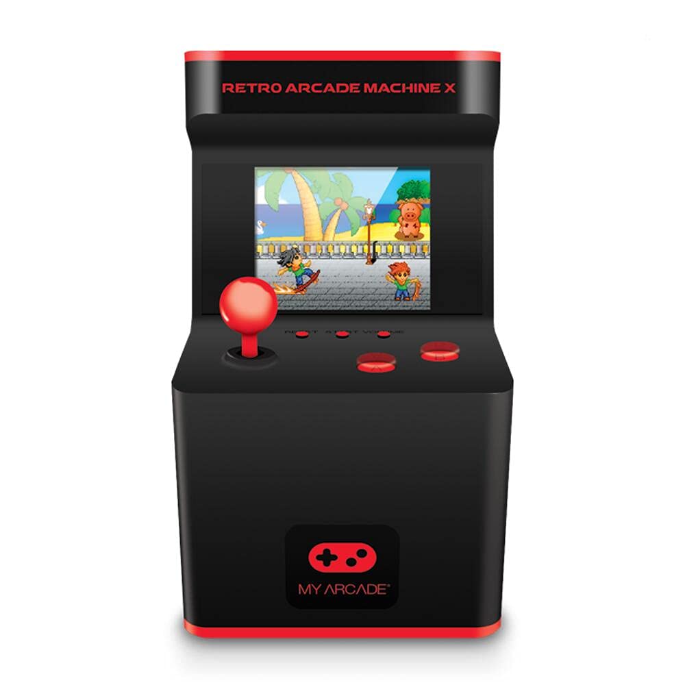 Mini-consola jocuri MyArcade, Retro Arcade Machine X, 300 de jocuri, complet redabila, de colectie, display color 2.5”, difuzor integrat, port jack 3.5 mm, inaltime 17 cm, negru/rosu