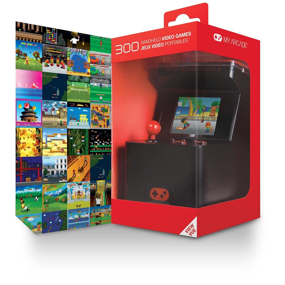 Mini-consola jocuri MyArcade, Retro Arcade Machine X, 300 de jocuri, complet redabila, de colectie, display color 2.5”, difuzor integrat, port jack 3.5 mm, inaltime 17 cm, negru/rosu