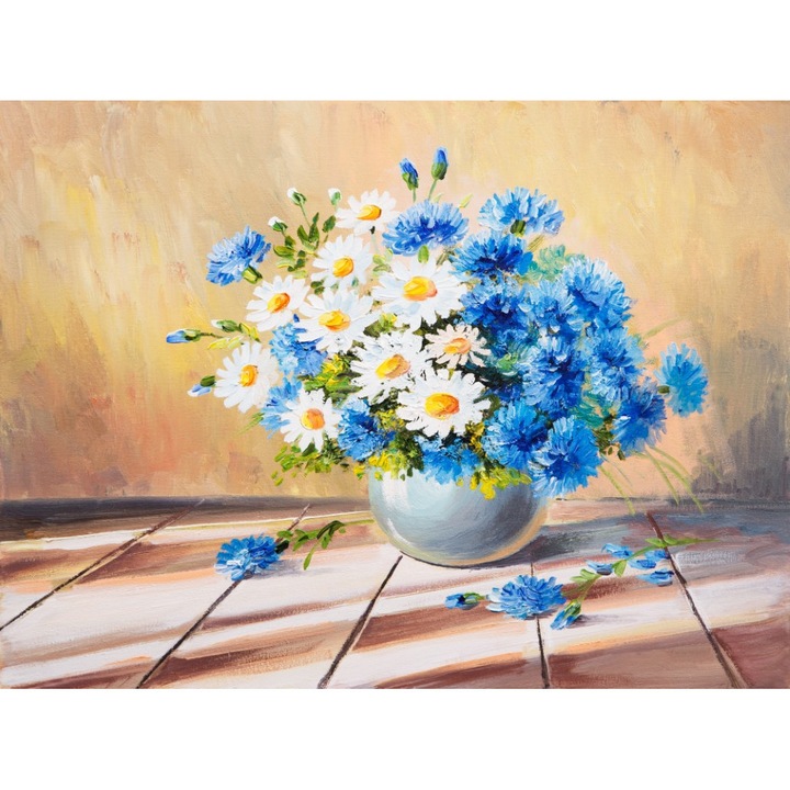 MÉDIA vászonkép, virágok, százszorszépek, fehér, kék, festmény, csokor, 45 x 30 cm