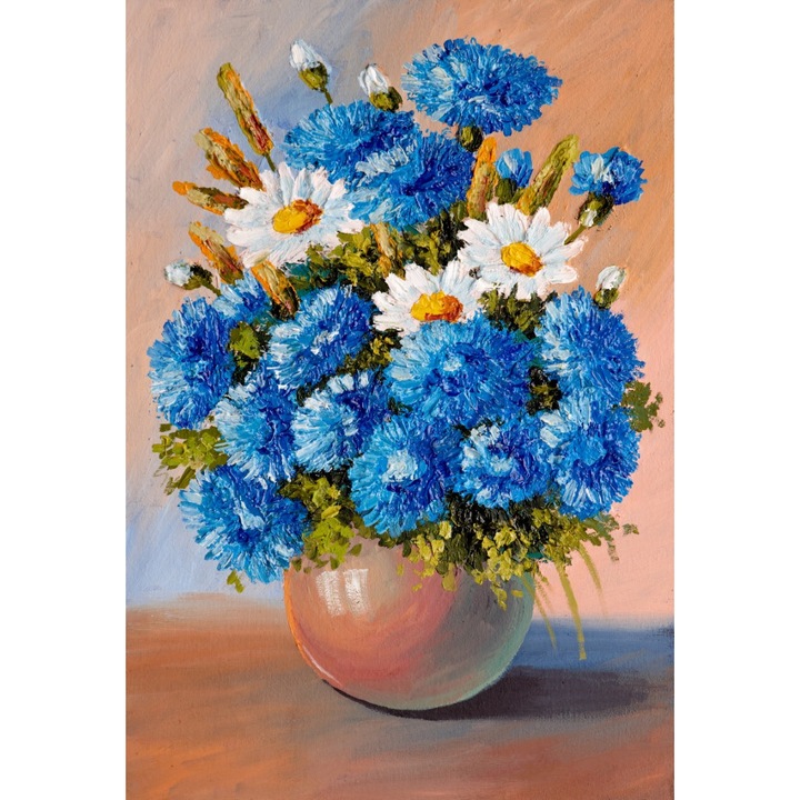 Média fehér, kék százszorszép csokor 4 vászonfestmény, 105 x 70 cm
