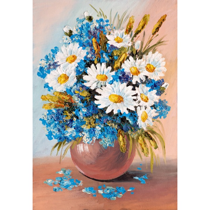 Tablou canvas Flori, margarete, alb, albastru, pictura, buchet3, 45 x 30 cm