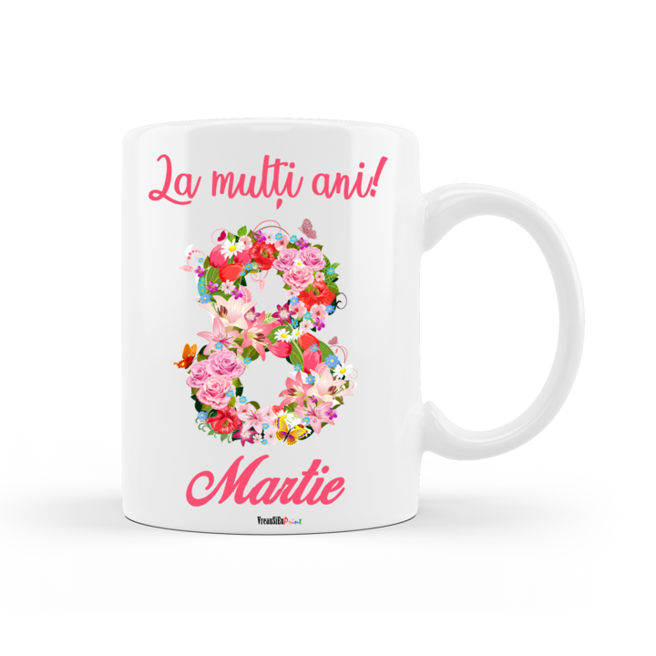 Персонализирана чаша за 8 март - Ден на жената, с изображение на рози и пеперуди и надпис "Честит рожден ден!", бяла керамика, 330 мл