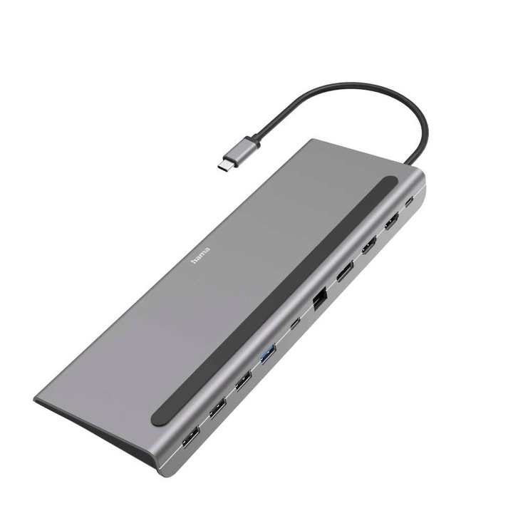 Hama USB 3.2 type C докинг станция, конектори 10 в 1, сив
