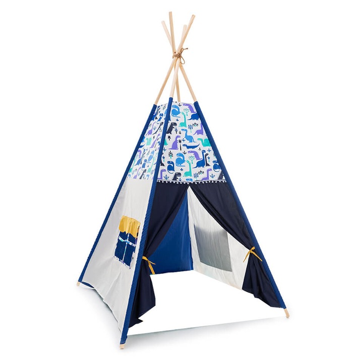 Cort TeePee premium pentru copii, Model Dino albastru, 165x100 cm