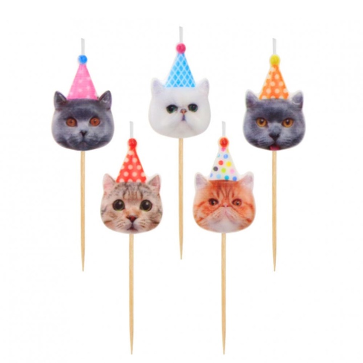 Set 5 lumanari aniversare pentru tort, model pisicute, multicolor