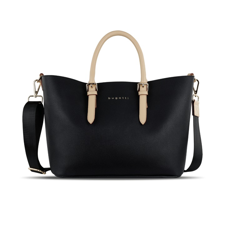 Geanta BUGATTI, Ella shopper, neagra, cu manere si bretea, medie